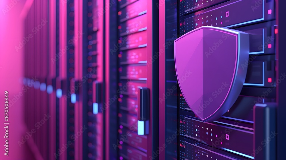Server Rack Shield Icon Secure server room with pink lighting highlighting data protection and ...