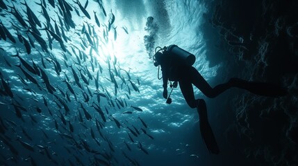 Poster - Scuba diver diving on tropical reef with blue background and reef fish