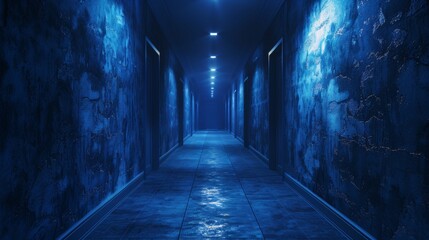 Wall Mural - A long, narrow hallway with blue walls and a wet floor