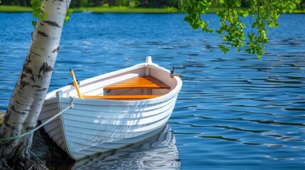 Serene lakeside scenery with white rowboat and birch tree