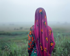 A woman in a colorful headscarf stands in a field, looking out at a misty landscape.