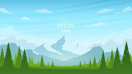Wall Mural - cartoon flat panorama of a mountain landscape. green valleys and trees, mountains on the horizon, bl