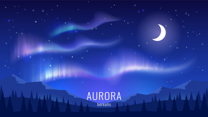Wall Mural - aurora borealis landscape images. northern lights over the mountains. night scene, moon and stars. v