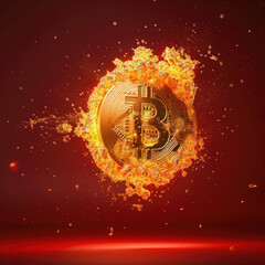 bitcoin exploding trading Ultra realistic photography dark and red background