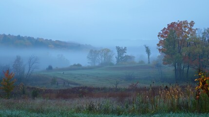 Sticker - Fog blankets the landscape in a soft embrace, veiling the world in mystery as autumn mornings dawn.