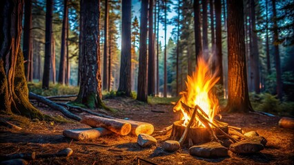 Poster - A cozy campfire in the woods at night, camping, outdoors, nature, adventure, tent, fire, forest, evening, wilderness, hiking