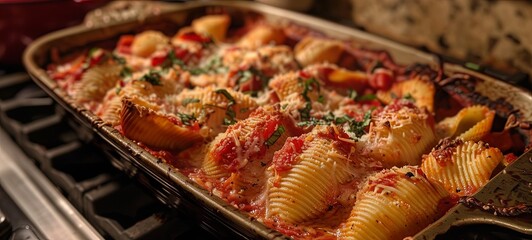 Wall Mural - Baked stuffed conchiglioni with rustic tomato sauce. 