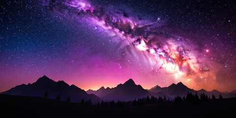 Wall Mural - Silhouette of mountainous terrain under a serene starry night sky in purple and pink hues, starry night, sky, serene