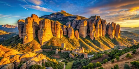 Sticker - Mallos de Aguero rocks glowing in the sunset light in Huesca province, Spain, Mallos de Aguero, rocks, sunset