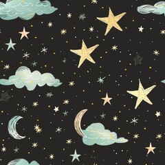 Wall Mural - Enchanting Cosmic Dreamscape with Stars and Clouds Pattern