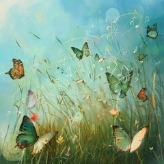 Canvas Print - A field of grass with many butterflies flying around