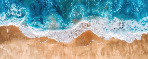 Wall Mural - Beautiful aerial view of ocean waves with sandy beach, aerial photography