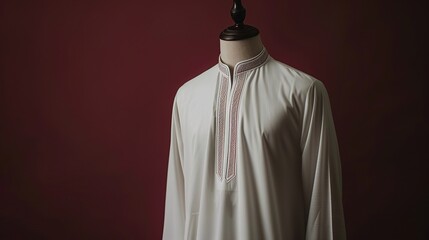 Wall Mural - Men's white shalwar qamiz displayed on a mannequin with a burgundy background.