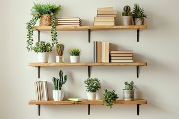 Wooden shelf with books and cactus - vintage effect style pictures