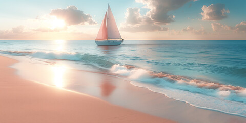 Seascape, ship on the water in pink and blue pastel colors