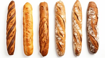 Assortment of baguette bread stacks isolated on white background for display or commercial use