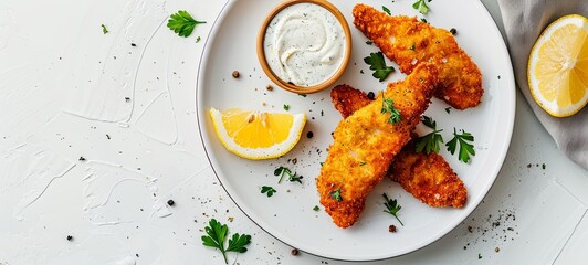 crispy fish steak, fish fingers served with tartar sauce on a light background. banner, menu, place for text, top view. 