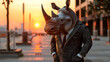 © graja - A rhinoceros wearing a business suit, holding his hands in a pockets and standing on empty square of city center at sunset.
