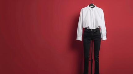 Wall Mural - Women's black jeans and a white button-up shirt displayed on a stand with a maroon background.