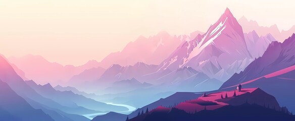 Vector illustration of vector banner design for travel and landscape with people in front of mountain background with gradient colors.