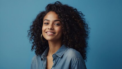 Smiling young woman with curly hair against blue background