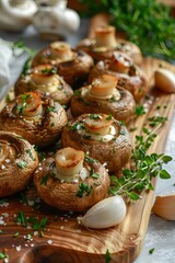 Wall Mural - Fried grilled mushrooms with garlic and herbs, served on a wooden board.