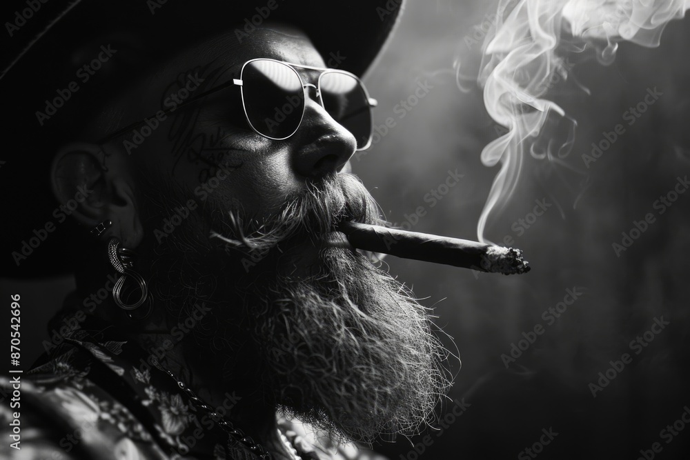 bearded gangster smoking cigar black and white Stock Photo