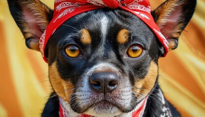 Wall Mural - Closeup Portrait of a Dog Wearing a Red Bandana.