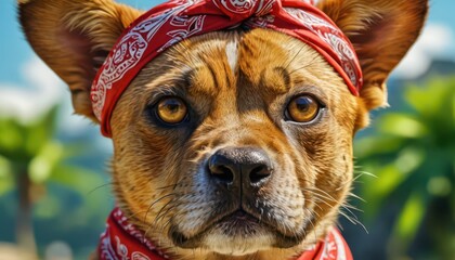 Wall Mural - Closeup of a Dog Wearing a Red Bandana.