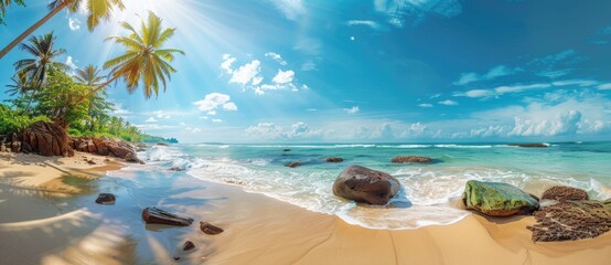 Wall Mural - panoramic view of tropical beach with palm trees and rocks on the shore