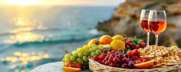 Poster - A basket of fruit and wine is on a table by the ocean