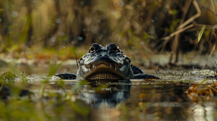 Canvas Print - In the wetlands, an alligator glides silently through the water, its eyes and snout barely visible above the surface.