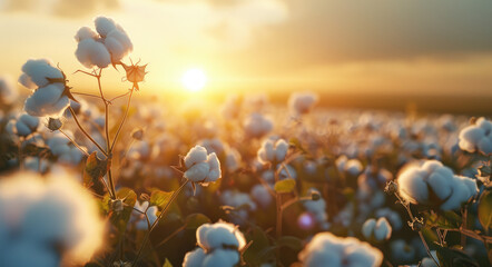 Wall Mural - A field of cotton burlap, with the sun setting in the background. The scene captures the beauty and abundance of nature as well-lit cotton blooms stand tall amidst an expansive field under warm sunlig