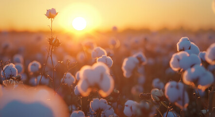 Wall Mural - A field of cotton burlap, with the sun setting in the background. The scene captures the beauty and abundance of nature as well-lit cotton blooms stand tall amidst an expansive field under warm sunlig