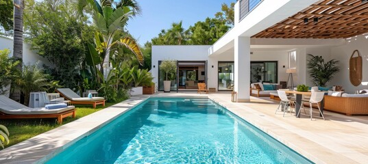 Canvas Print - Private villa with swimming pool. Tropical villa tourism holiday. Generative AI technology.