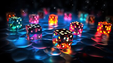 Canvas Print - 3d colorful dice glowing on black background 