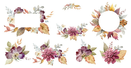 Wall Mural - autumn floral illustration clipart. fall frame and bouquet. burgundy flowers for rustic wedding desi