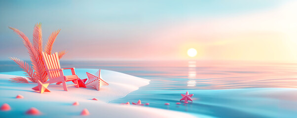 Wall Mural - 3D beach scene at sunset. Summer background with pink beach chair sits on the soft, white sand and starfish