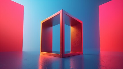 Wall Mural - A cube is shown in a room with red and blue walls