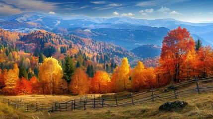 Wall Mural - A large tree with orange leaves stands in a field