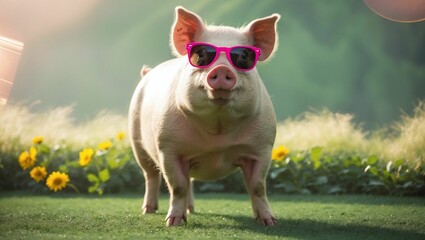 Wall Mural - AI generated illustration of a cheerful pig wearing pink sunglasses standing on green grass
