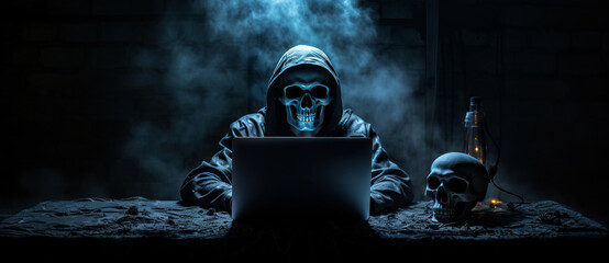 A mysterious person wearing a skull mask works on a laptop in a dimly lit room.