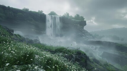 Wall Mural - Mist rises from the waterfall's base, veiling the surrounding landscape in a soft, ethereal cloak.