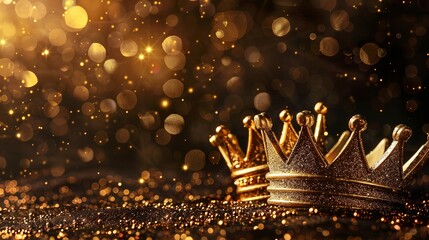 Sticker - Three gold shiny crowns on festive background. Three Kings day or Epiphany day holiday celebration night background