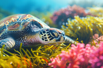 A vibrant sea turtle swims among colorful coral reefs, showcasing its intricate shell patterns and the beauty of marine life. Perfect for nature and wildlife themes.