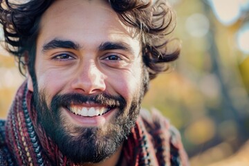 Wall Mural - Handsome hispanic man with beard smiling happy outdoors