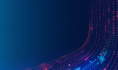 Digital artwork featuring flowing lines of binary code (0s and 1s) in pink, red, and blue hues, curving and creating a sense of depth and motion, representing data transfer and technology