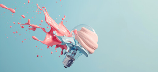 Abstract image of a lightbulb exploding with vibrant splashes of pink and blue paint, symbolizing creativity and innovation