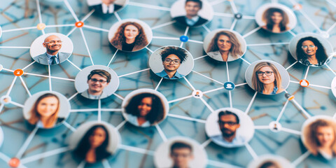 a diverse network of interconnected people portraits symbolizing social connections and professional