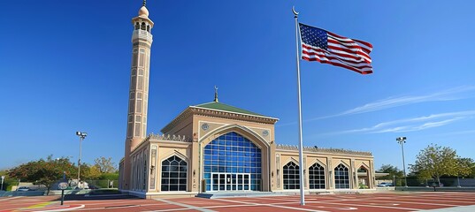 Wall Mural - Mosque building with tower and America flag. Islam religion faith. 4th of July or America independence day. Generative AI technology.	
